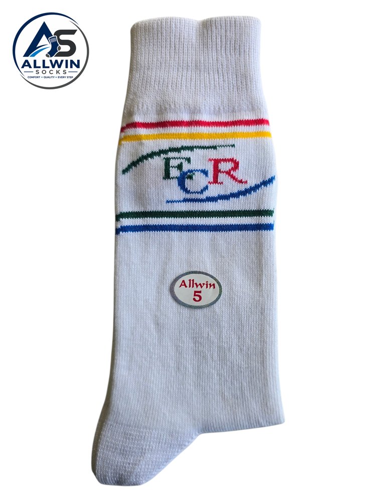 White school sock with a school emblem knitted into the cuff in four colours
