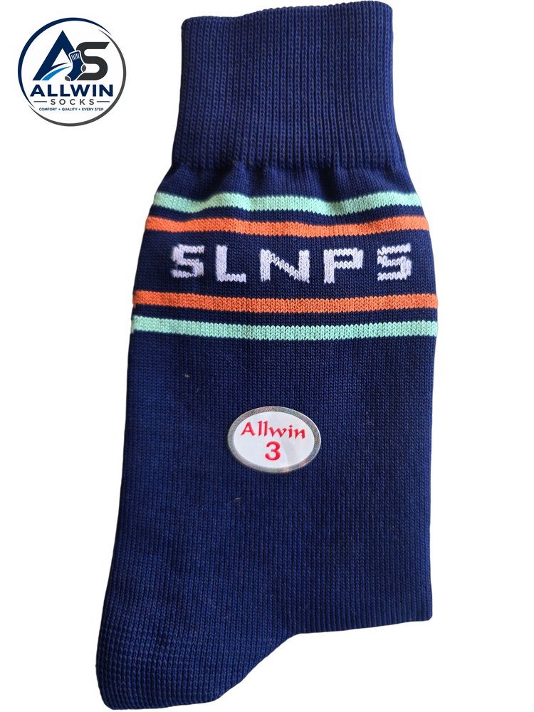 Navy school sock with school initials and orange and mint stripes